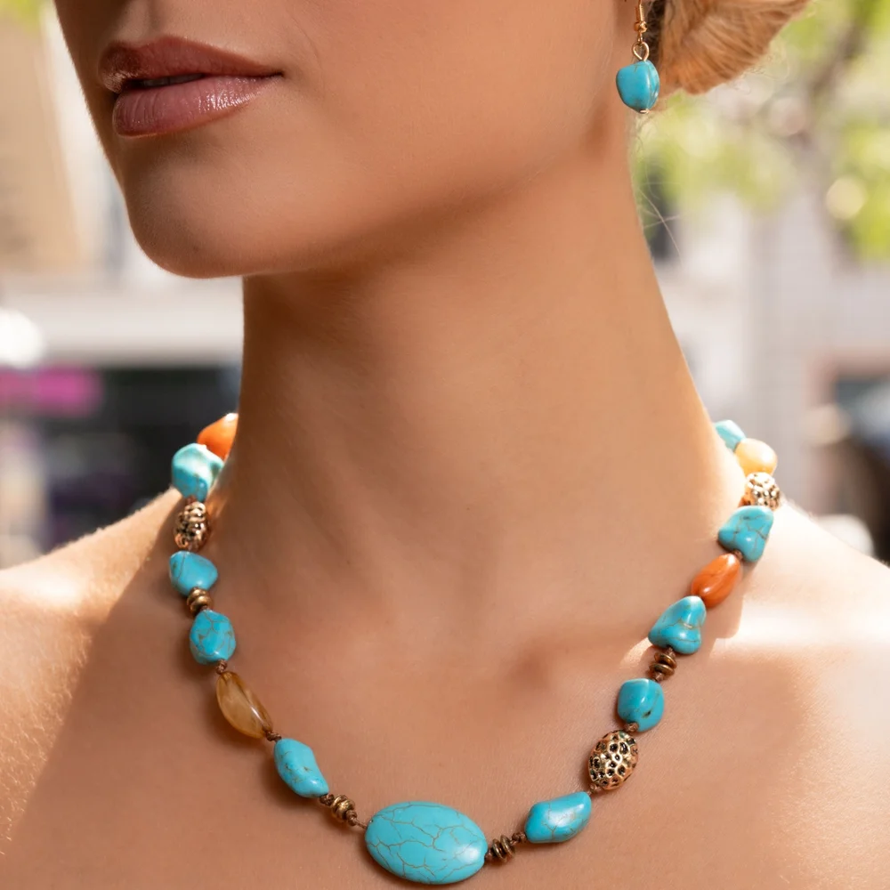 Adorably Adaptable Paparazzi Turquoise and Gold Necklace with Brown Accents - Picture 2 of 8